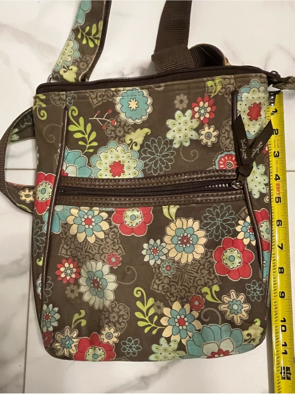 thirty-one Brown Floral Crossbody Bag with Teal, Red, Cream Accents